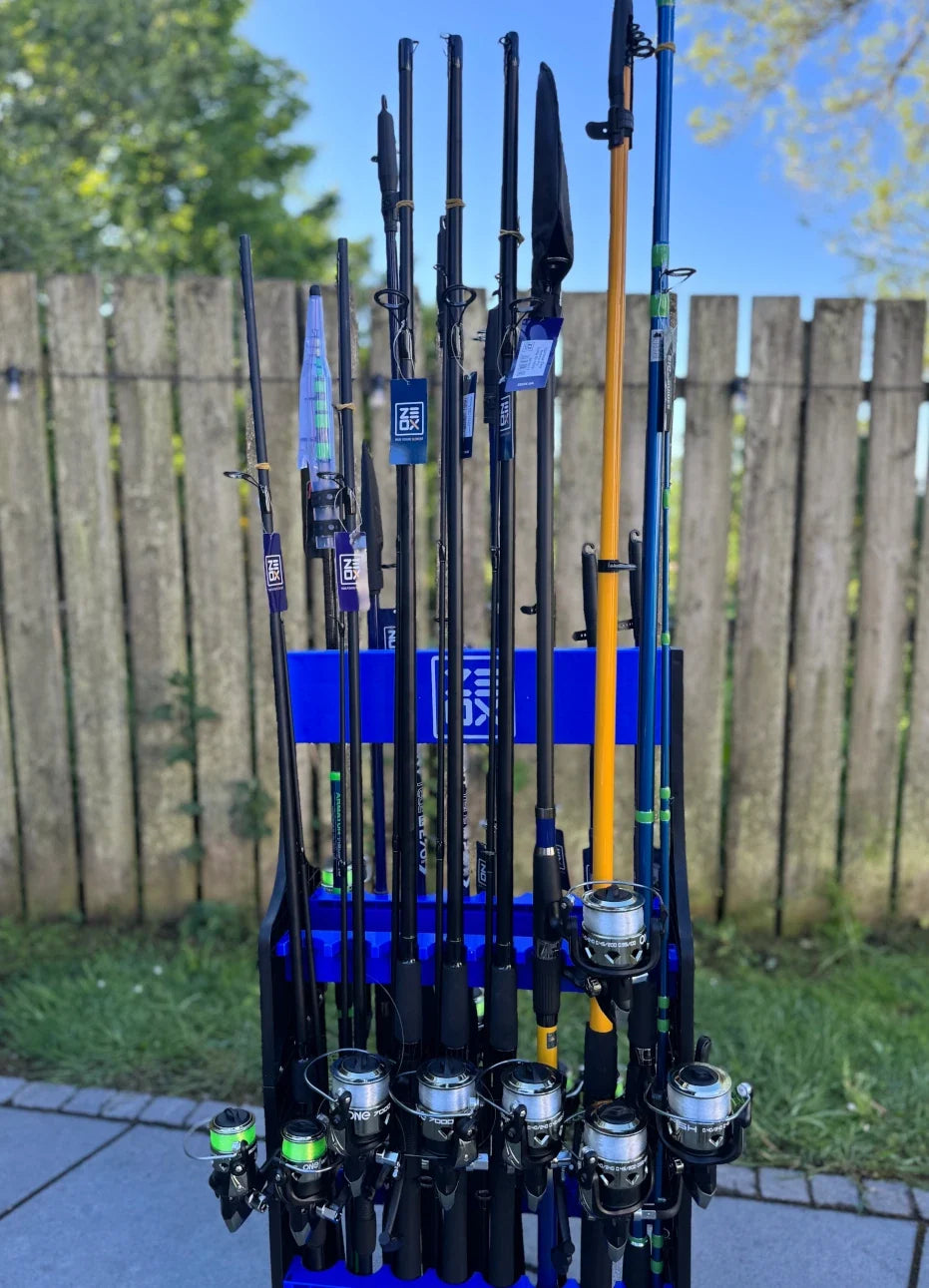Fishing rods with reels mounted on blue rack – Zeox combo set Ireland wholesale